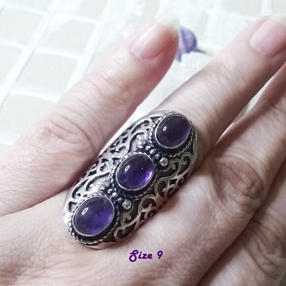 Genuine Amethyst Cabochon Shield Ring - Size 7.5 or 9! Trendy Boho Sexy Chic - Picture 8 of 12